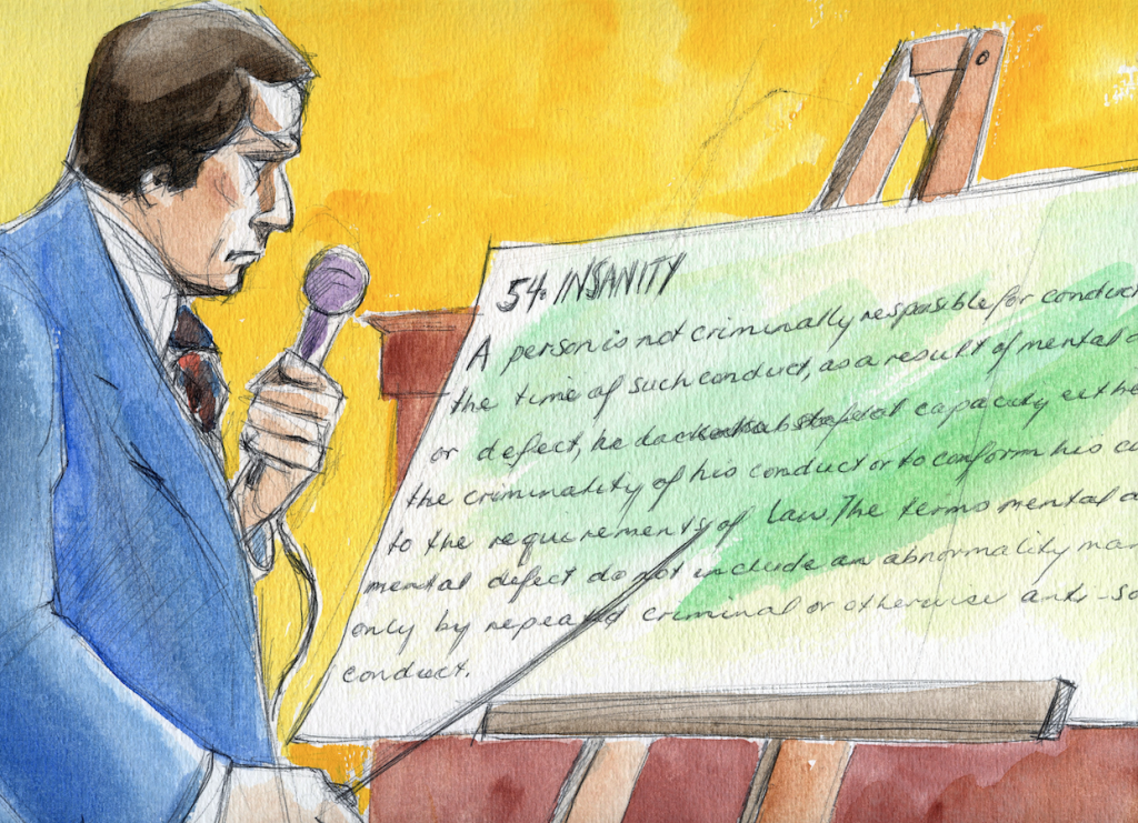 Courtroom sketch of the insanity defense placard