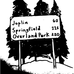 An illustration of a road sign on a hill with three pine trees behind it.
