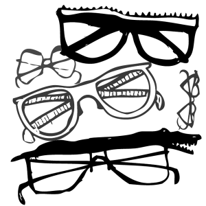 A black and white illustration of five pairs of glasses.