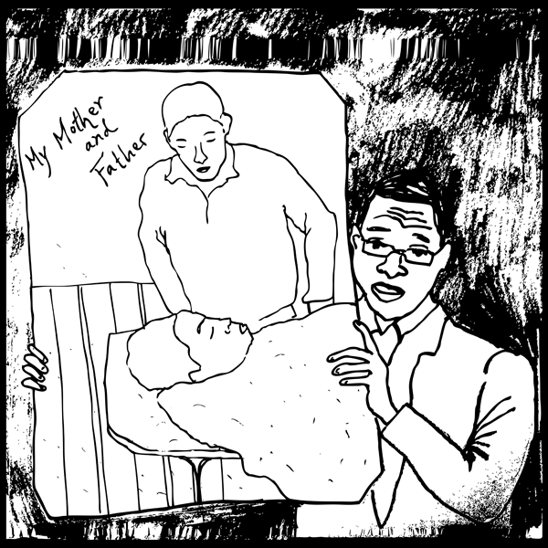 An illustration of a person wearing glasses and a suit, holding up a poster of a man standing over a supine woman, with the text: My Mother and Father.