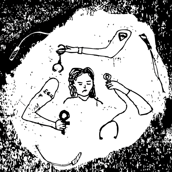 An illustration of a disgruntled woman surround by arms holding a stethoscope, a pair of handcuffs, and a woman symbol.