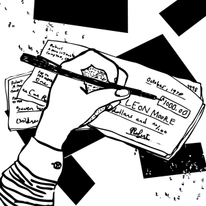 An illustration of a hand holding a pen, writing out a check addressed to Leon Moore.