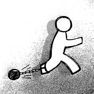 An illustration of the AOL Instant Messenger figure with a ball and chain attached to its foot.