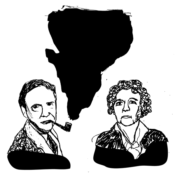 An illustration of an older man smoking a pipe and an older woman with curly hair.