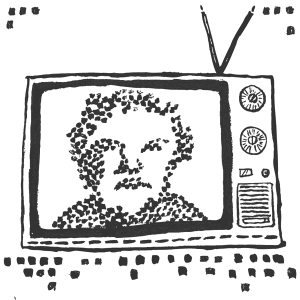 An illustration of an old TV with a pointillistic depiction of a man on it.