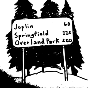 An illustration of a road sign on a hill with three pine trees behind it.