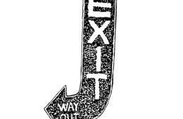 An illustration of a neon EXIT sign, a vertical arrow with a curve to the left that reads: WAY OUT.