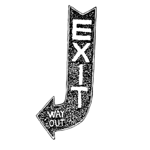 An illustration of a neon EXIT sign, a vertical arrow with a curve to the left that reads: WAY OUT.