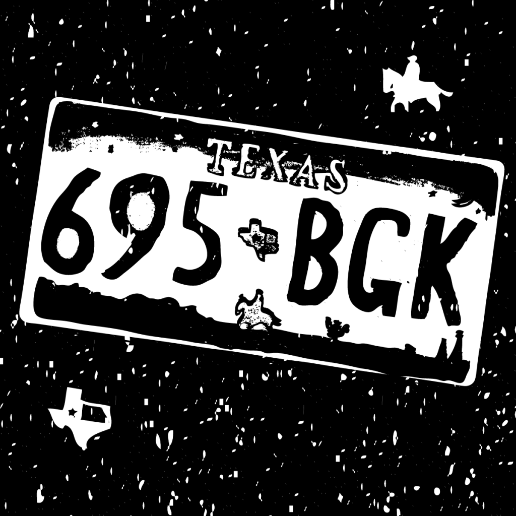 An illustration of a Texas license plate with the license plate number 695 BGK.