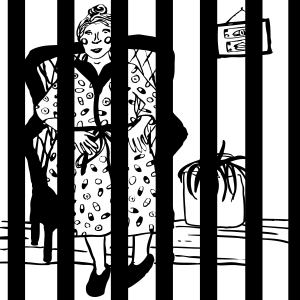 An illustration of a kindly looking old woman in a comfortable armchair, behind bars.