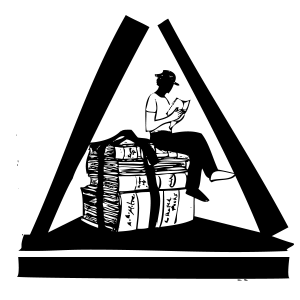 An illustration of a man inside of a triangle, perched atop a pile of oversized, tied-up books, reading a book, legs crossed.