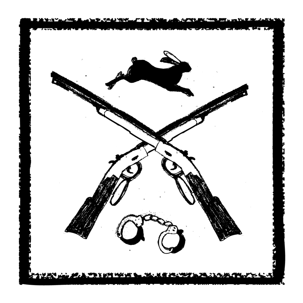 An illustration of two crossed rifles, with a pair of handcuffs beneath the guns and a rabbit running above the guns.