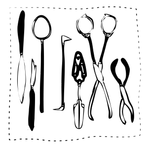 An illustration of a tray of various surgical and medical instruments.