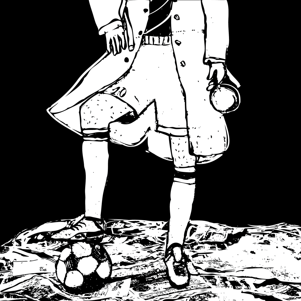 An illustration of the lower body of a soccer player, foot on a soccer ball, wearing soccer shorts and a trench coat, holding a magnifying glass. Newspapers are spread under his cleated feet.