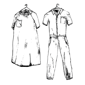 An illustration of a simple hospital gown with a breast pocket on a hanger, and a prison jumpsuit with a breast pocket on a hanger.