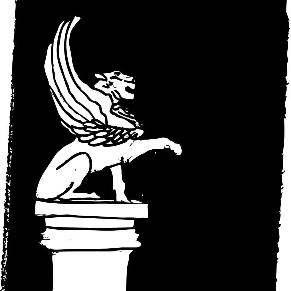 An illustration of a winged lion on a pedestal, one paw raised.