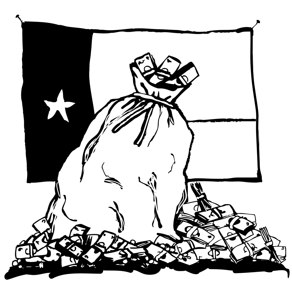 An illustration of a large sack of money, surrounded by piles of cash, in front of a Texas flag.