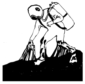 An illustration of a person in scuba gear with sticky tar clinging to their body.