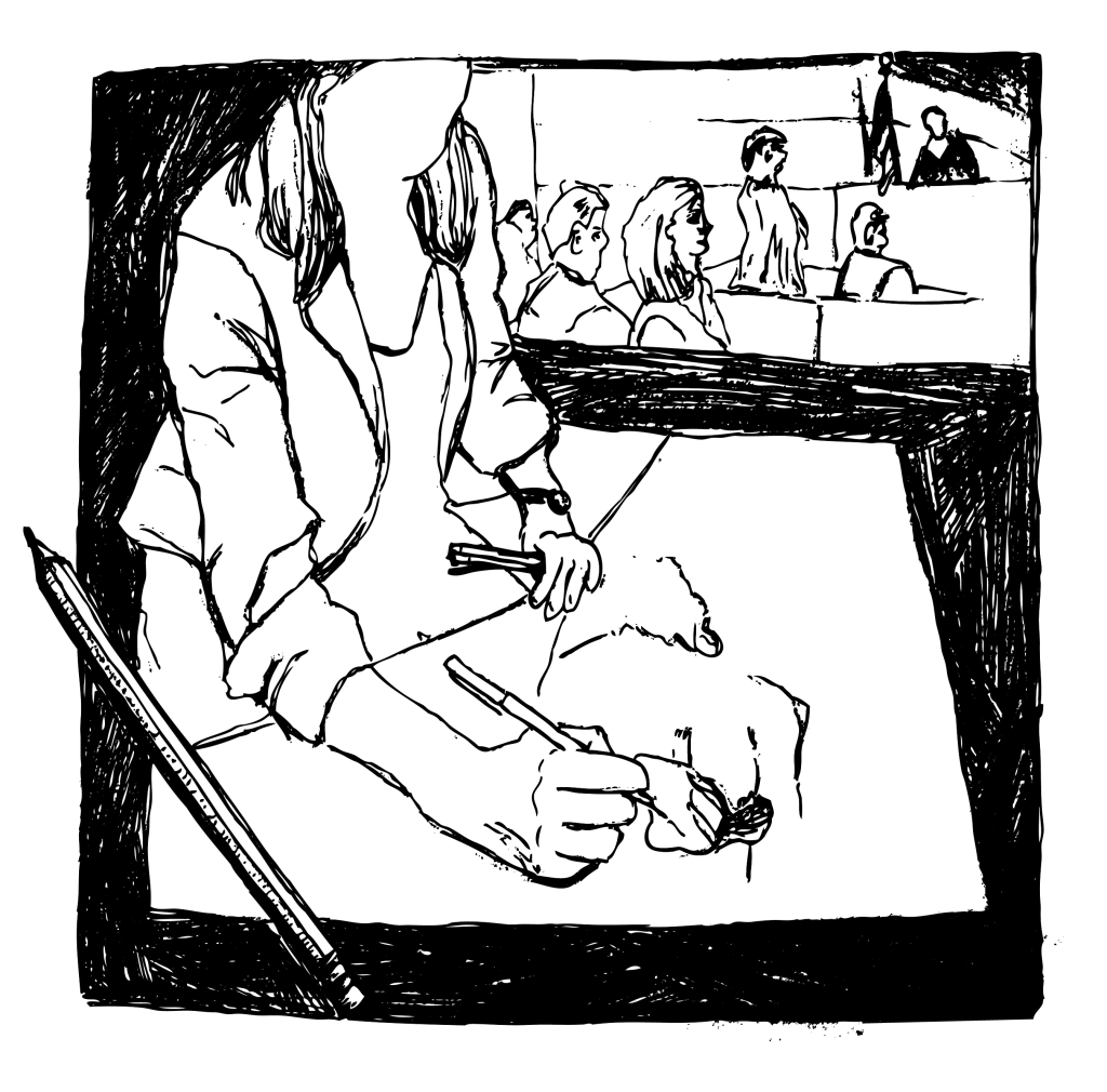 An illustration of a sketch artist working during a trial.