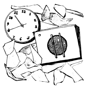 An illustration of school loudspeaker and a clock nestled amongst various pieces of paper.