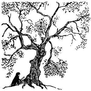 An illustration of a cloaked person with a handsaw sabotaging the Treaty Oak.