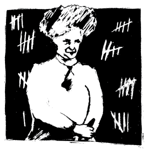 An illustration of a woman from the 1800s with tally marks around her.