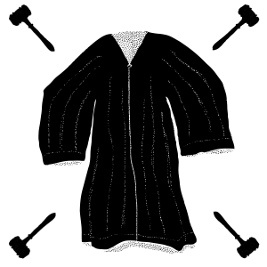 An illustration of a judge's robe with small gavels at all four corners of the image.