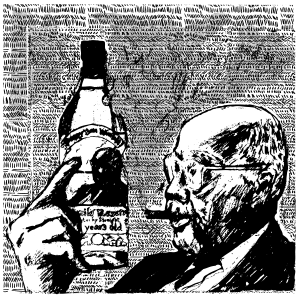 An illustration of a man smoking a cigar, staring at a bottle of Pappy Van Winkle Kentucky bourbon.