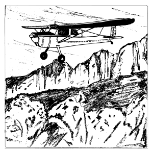 An illustration of a small, single engine plane flying over some crags.