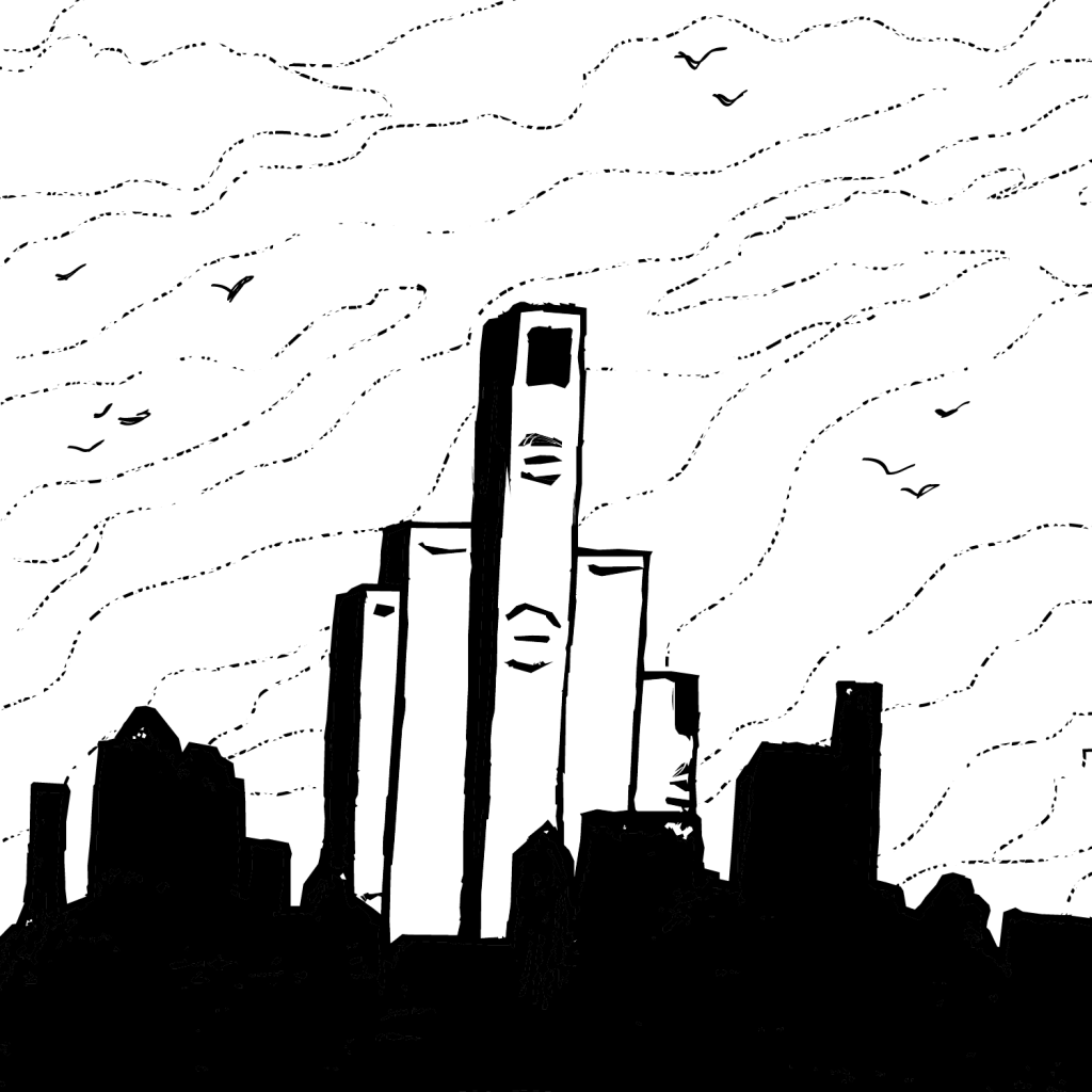 An illustration of a city skyline stylized to look like a hand flipping the middle finger.