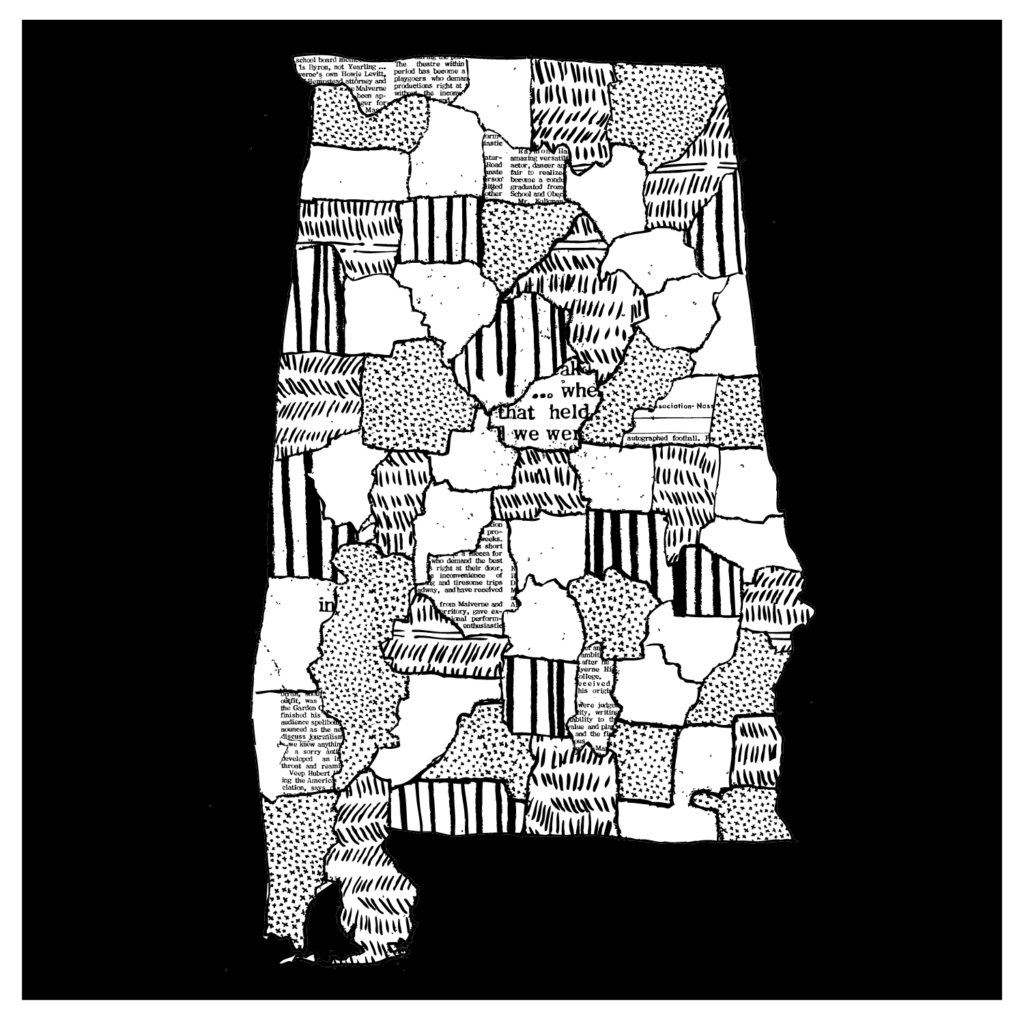 A collage-style illustration of the state of Alabama.