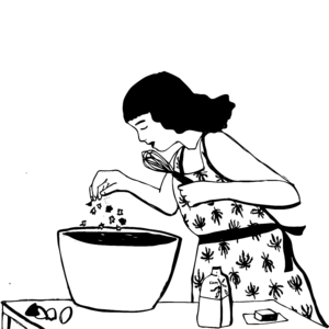 An illustration of a woman wearing an apron covered in a cannabis leaf print, sprinkling marijuana into a bowl of brownie batter.