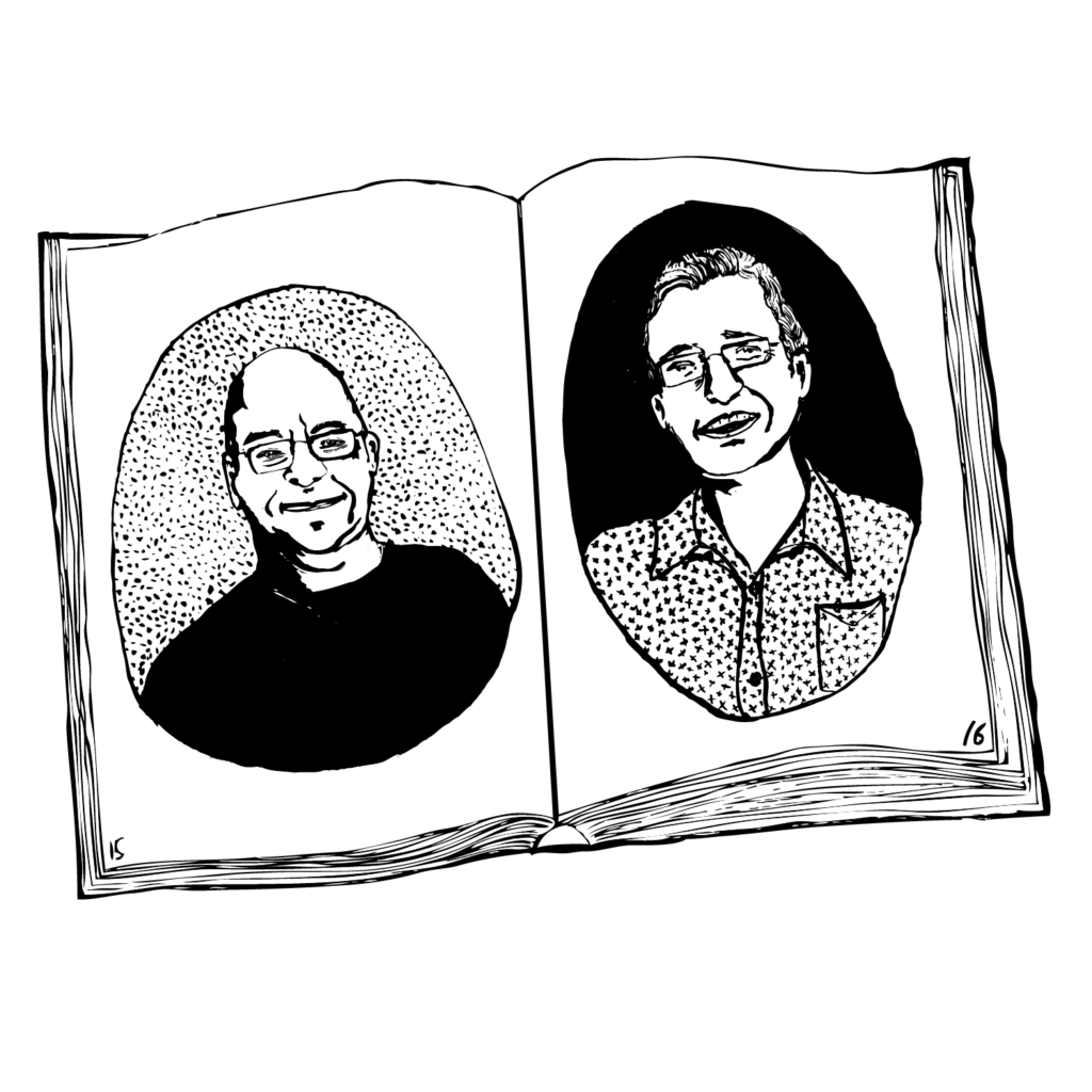 An illustration of an open book, with a portrait of Mark Stevens on one page and Robin Woods on the other.