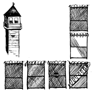 An illustration of a prison guard tower and several sections of prison fence with barbed wire.