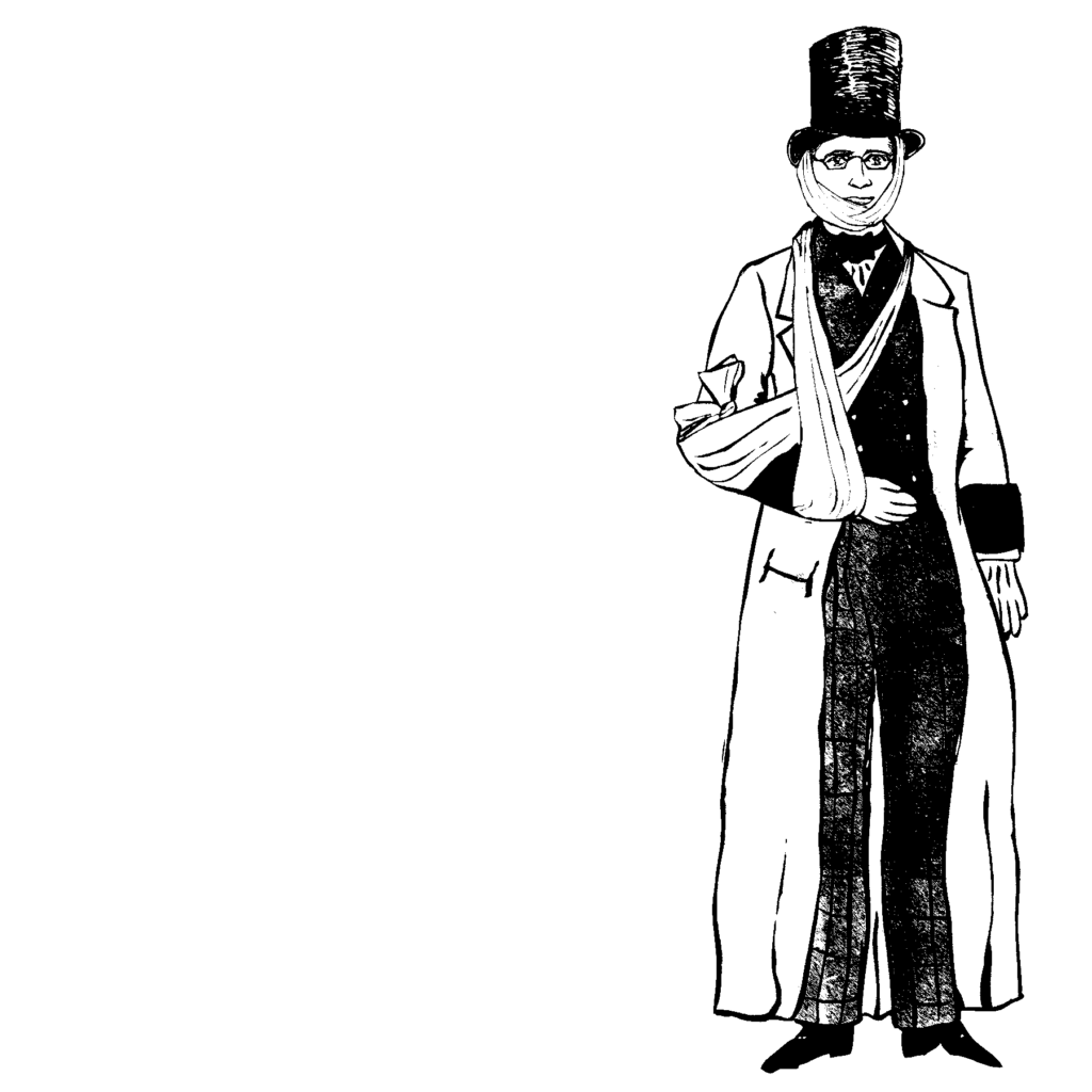 An illustration of a man wearing a top hat, bandages, and a long jacket.