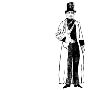 An illustration of a man wearing a top hat, bandages, and a long jacket.