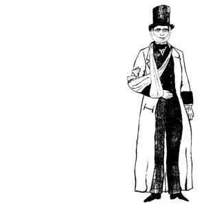 An illustration of a man wearing a top hat, bandages and a long coat.