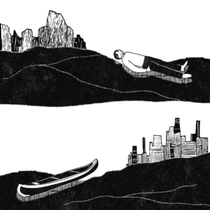 A two-frame illustration of a man in a shallow grave, and a canoe in water near a cityscape.