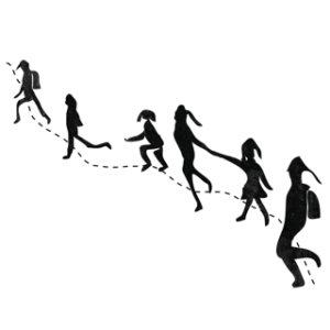 An illustration of a small parade of children walking along a dotted-line border.