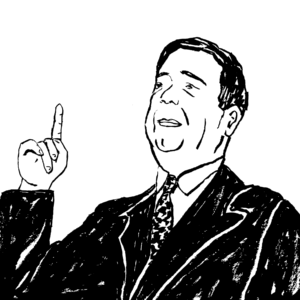 An illustration of Huey P. Long in a suit, pointing upward.