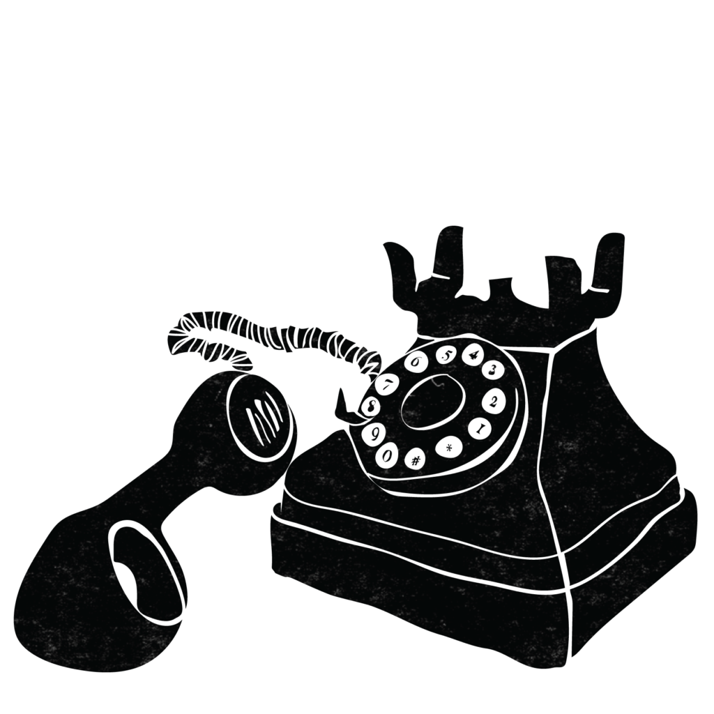 An illustration of a rotary phone with the receiver off the base.