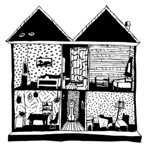 An illustration of a cross-section of a house, with eyes glowing in the attic.