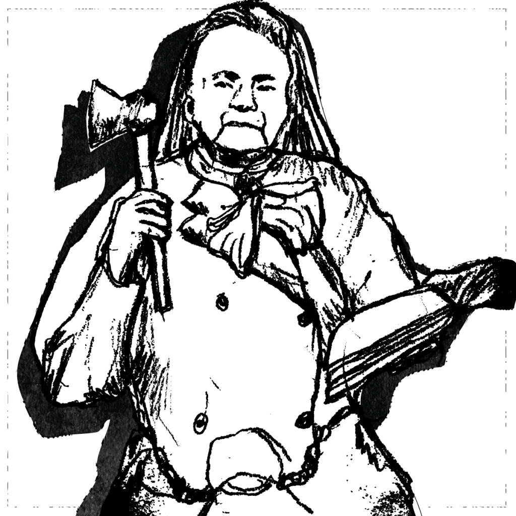 An illustration of Carry Nation, with a hatchet in one arm and an open book in the other.