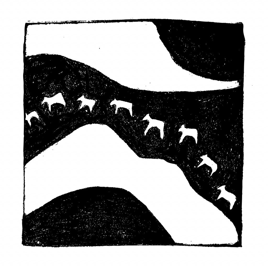 An illustration of mounds of earth with bears in a line between them.