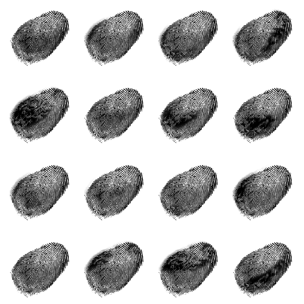 An illustration of 16 different fingerprints in black ink.