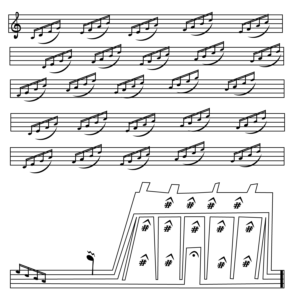 An illustration of sheet music, the bottom bar turning into a building.