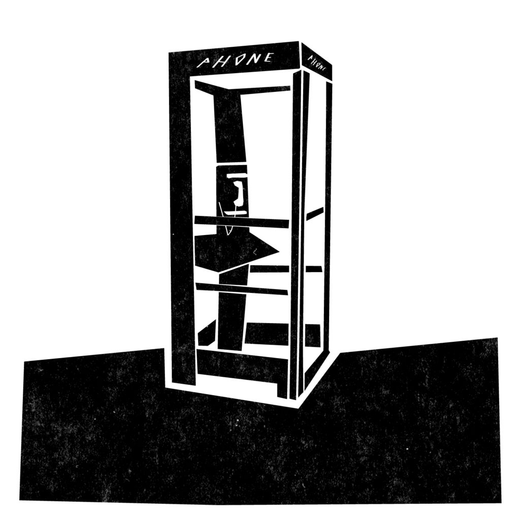 An illustration of a phone booth with a payphone in it.