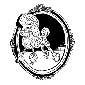 An illustration of a poodle inside an intricate, oval picture frame.