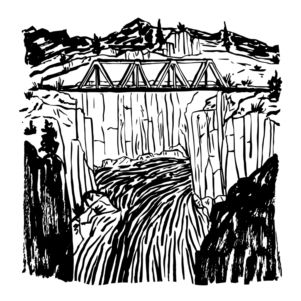 An illustration of a bridge spanning two cliffs, with a raging river underneath.