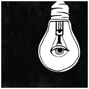 An illustration of a lightbulb with an eye for the filament.